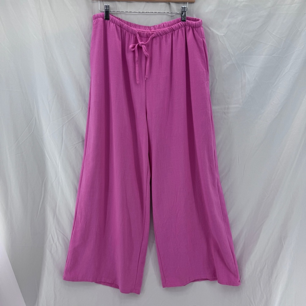 Wide Leg Cotton Linen Palazzo Pant Pink Misses Size XL High Rise Elastic Waist
